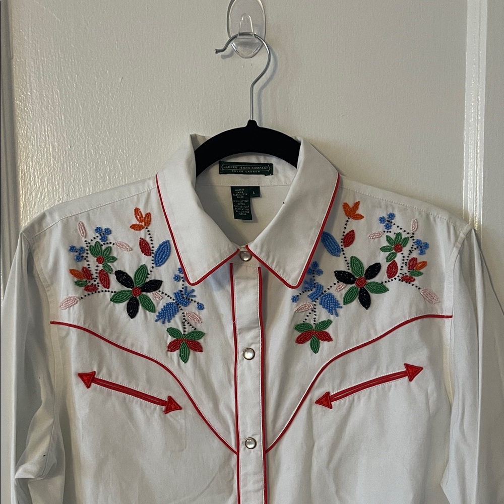 Ralph Lauren White Western Button-Down Shirt with Multicolor Floral Embroidery - Picture 2 of 8